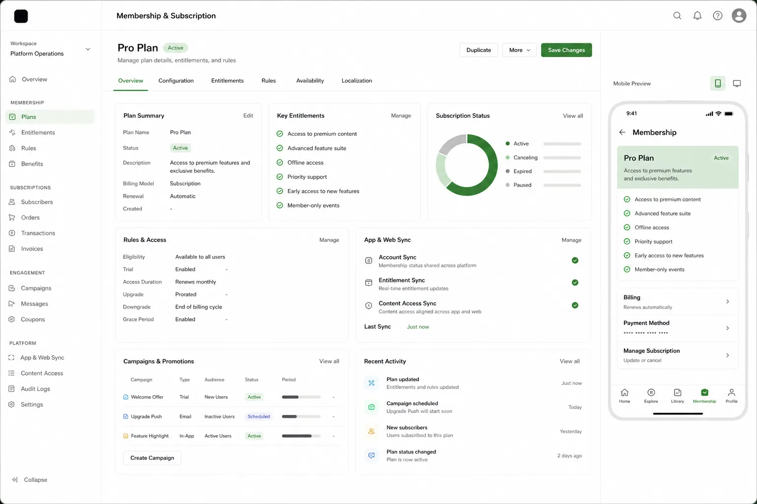High fidelity membership and subscription management interface